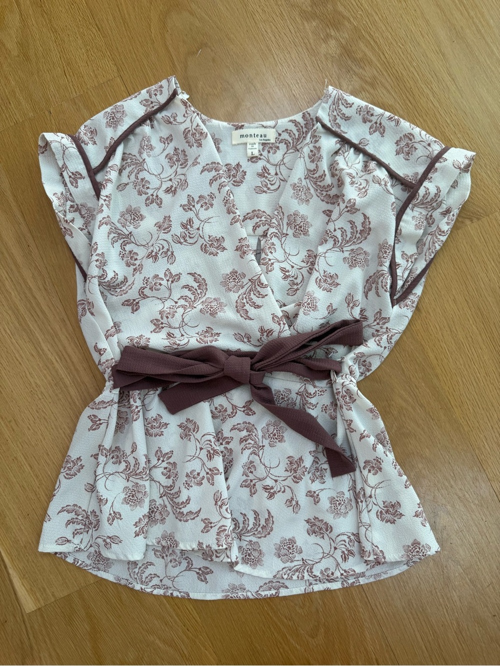 Monteau Cream Floral Wrap Top with Mauve Tie